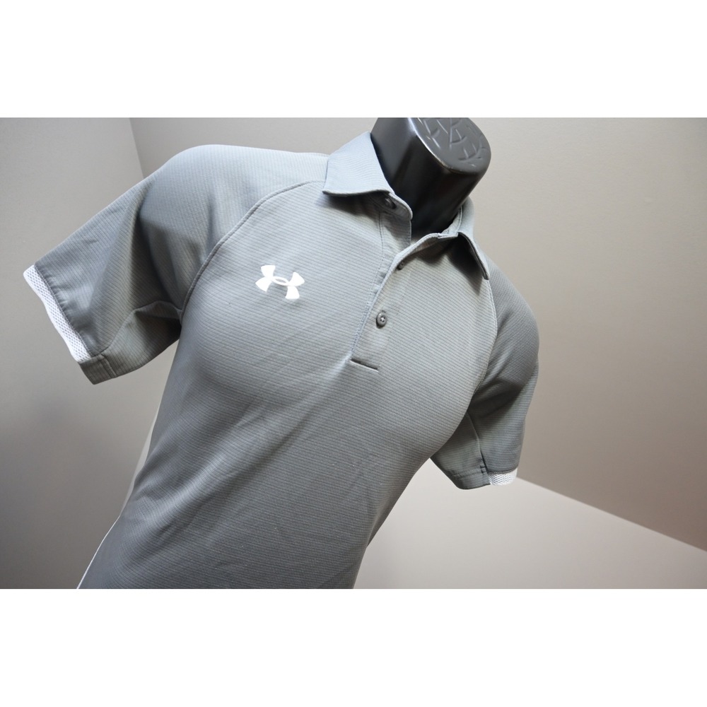 Under Armour Polo Shirt Mens Small Grey HeatGear Loose Fit Short Sleeve Exc.